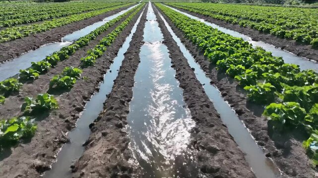 Furrow irrigation flowing through long soil channels in a vegetable field. Water hydrating green crops in straight rows. Agricultural farming technique and crop production concept