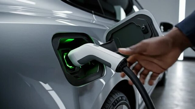 A person charges an electric vehicle with a charging cable at a station indoors.