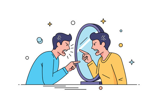 Inner criticism concept a person angrily yelling at their mirror reflection while the reflected figure points back accusingly, symbolizing harsh self judgment
