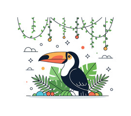 Naklejka premium Toucan in tropical foliage bold toucan with a large beak sitting among layered palm leaves and hanging jungle vines while small berries and sparkle icons