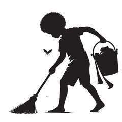 Black Child helping chores Silhouette Vector, High Quality Illustration on White Background © Craftdot