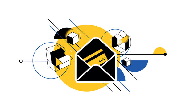 open envelope revealing a gift card inside, black and white cut-out envelope with white outline effect, large yellow circle behind the envelope symbolizing