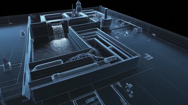 Transparent 3D blueprint animation of house plumbing system with dynamic water flow.