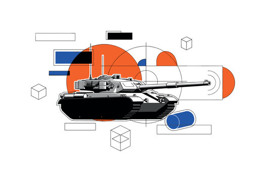 black and white tank turret rotating with cannon pointing forward, bold orange circle behind the turret symbolizing action and focus, thin geometric lines and