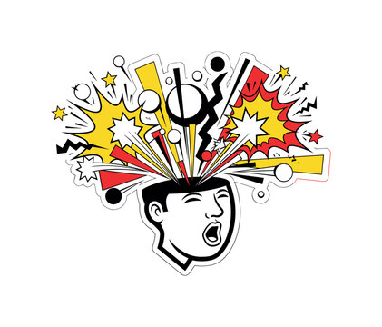 cartoon-style human head exploding into playful comic fragments as the main object, exaggerated pop-art explosion shapes and stars bursting outward, geometric