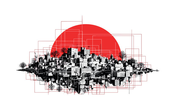 Black and white crowded urban block with minimal trees, layered with a large red half-circle behind like an overheated sun and structured grid lines suggesting