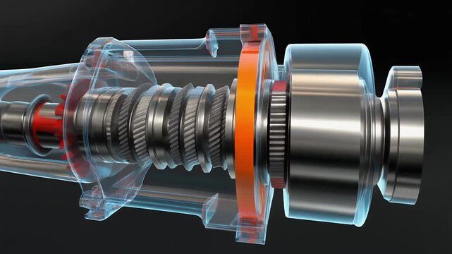 Transparent cutaway animation of rotating gearbox mechanism.
