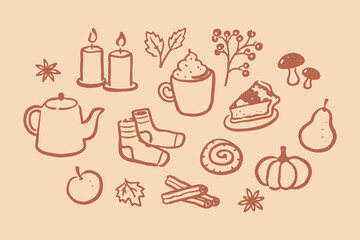 Naklejka premium Autumn cozy doodle icon set vector illustration