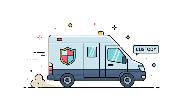 Secure law enforcement transport van driving away with subtle dust motion accents and a small shield icon labeled ?Custody?. The scene expresses official