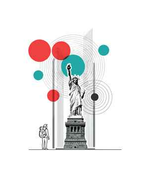 monochrome traveler standing at the base of the Statue of Liberty looking upward, white contour cut-out outline around the figure and statue, layered geometric