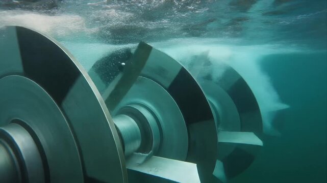 Underwater rotating tidal turbine blades generating renewable power.