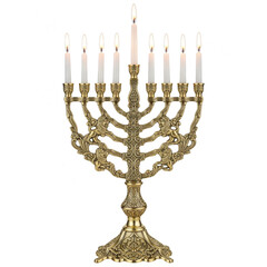 Fototapeta premium Elegant Golden Menorah Candle Holder Isolated on Transparent Background