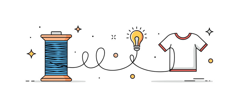 Clothing production workflow thread spool transforming into a flowing line that shapes a simple T shirt icon. A dynamic editorial scene about turning ideas