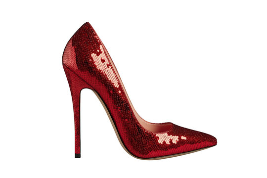 Red sequin high heel stiletto pump shoe, a symbol of elegance and fashion, glittering and sparkling, transparent background