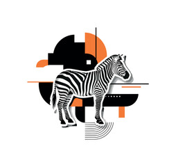 Naklejka premium zebra walking along dirt path with geometric highlights abstract semicircles lines and geometric blocks symbolizing scenic safari black and white retro zebra