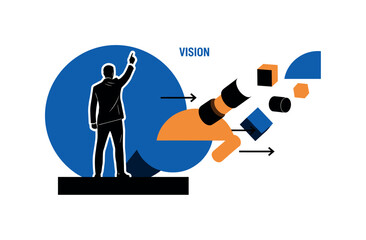 Naklejka premium black and white leader standing on abstract geometric platform guiding direction with raised hand, cut-out figure with white outline effect, bold blue circle