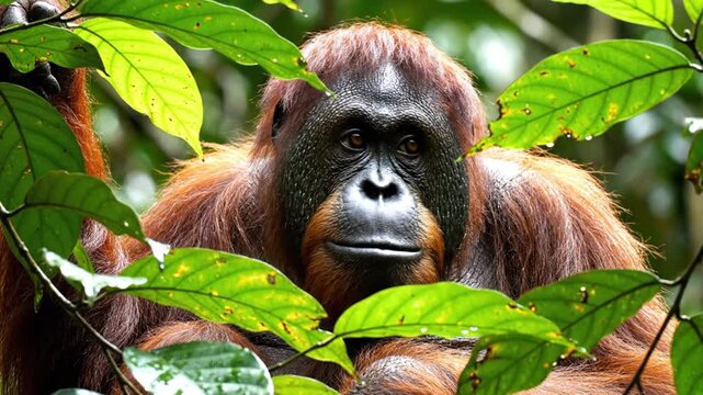 Portrait of an Orangutan in Dense Rainforest Foliage