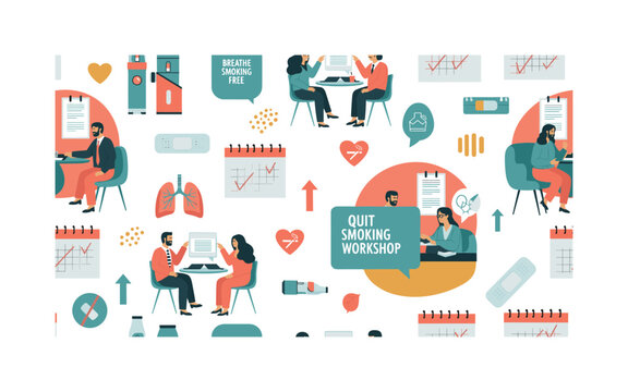 quit smoking workshops seamless pattern, participants discussing strategies, nicotine patches, e-cigarettes, motivational posters, calendars and health symbols