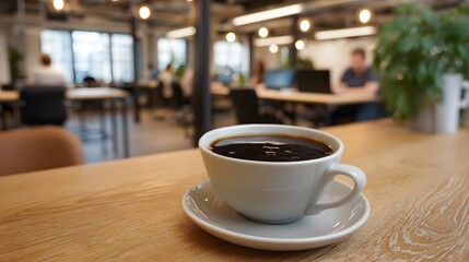 Obraz premium Freshly brewed black coffee in a white cup on a wooden table with a blurred modern co working office in the background