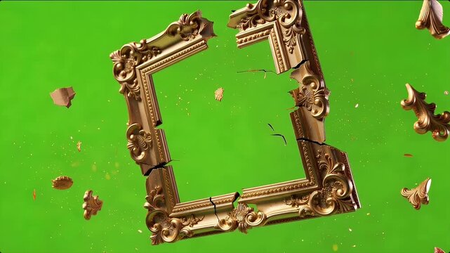 Cracked Ornate Gold Frame on Green Screen Background