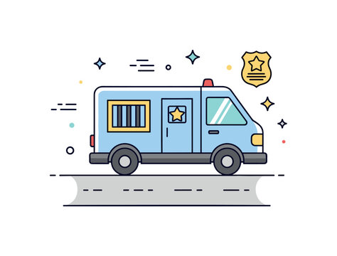 Law enforcement prisoner transfer showing a secure van driving along a simple road with a barred window symbol and a small badge icon suggesting official