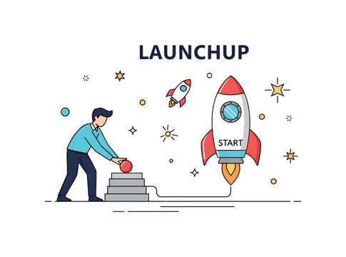 Launching a startup business founder pressing a launch button connected to a small rocket labeled Start while spark icons appear around it. The composition