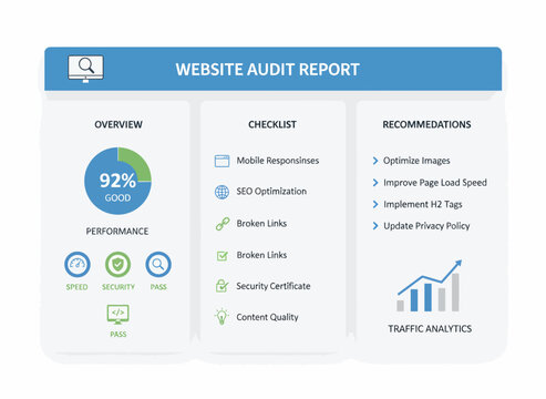 A website audit report shows a performance score of 92 percent on a mobile responsiveness checklist with optimization recommendations and traffic analytics.