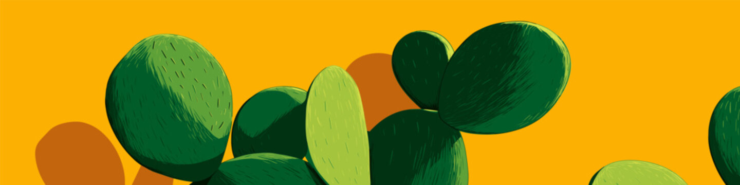 Nopal cactus pads growing with vibrant yellow background. Nopal cactus pads featuring simple graphic shape and casting shadow on yellow wall
