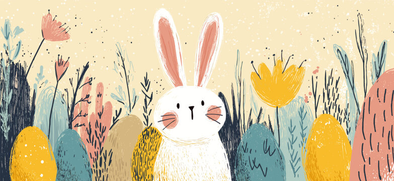 Happy Easter bunny finding colorful eggs in spring field banner. Cute bunny standing among pastel colored Easter eggs and stylized spring plants