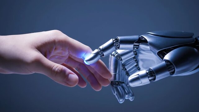 Human and robot hand touching fingers.