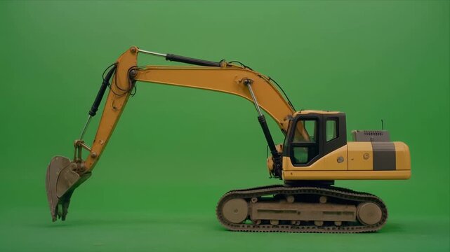 Yellow excavator arm moves on greenscreen studio background.