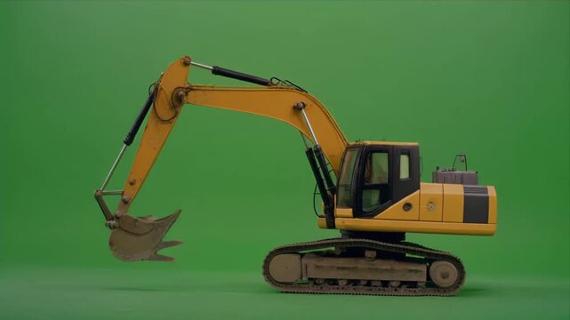 Yellow excavator moving bucket on green background side profile.