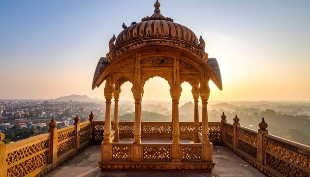 Ornate Indian Pavilion Overlooking a Cityscape at Sunset.