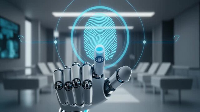 Robotic hand touching glowing fingerprint interface, symbolizing biometrics, security, and futuristic human‑machine interaction.