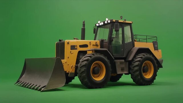 Yellow wheel loader bulldozer rotating on green studio background.