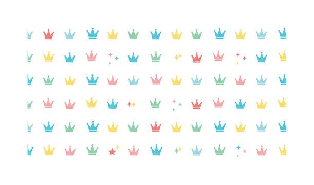 tiny crowns and stars seamless pattern, repeating pattern, surface design, textile print, soft color palette, modern illustration, flat vector miniature crowns