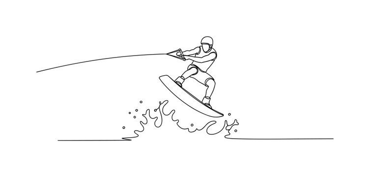Jumping Wakeboarder. Minimalistic one-line drawing wakeboarder in mid-air performing a jump trick above the water, continuous single black line on white