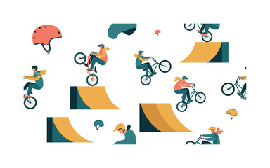 Fototapeta premium BMX jump and trick scene seamless pattern, bikers mid-air performing stunts, wheelies, grabs, ramps and helmets arranged in a repeating pattern,