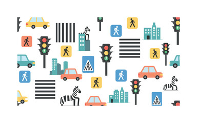 Obraz premium pedestrian safety crossing zebra stripes traffic lights walking icons and city cars illustrated as street safety motifs, flat vector friendly shapes, saturated
