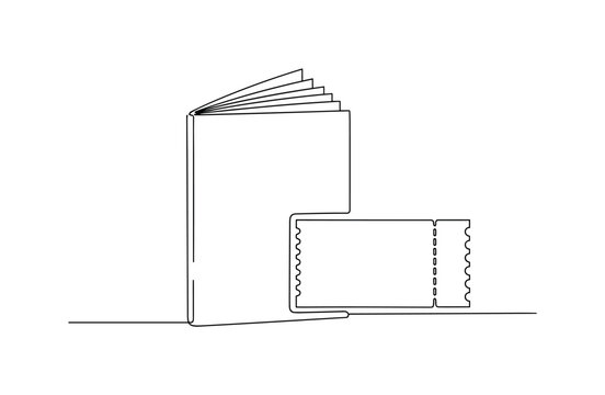 Live Show Program and Ticket. Minimalistic one-line drawing simple playbill booklet paired with a single event ticket ready for a stage show, continuous single