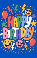 Fototapeta premium Colorful Happy Birthday Poster with Emojis Balloons and Lightning on Blue