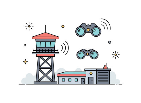 Military watchtower surveillance guard tower overlooking a secured base area while binocular icons and signal waves suggest active monitoring. Decorative spark