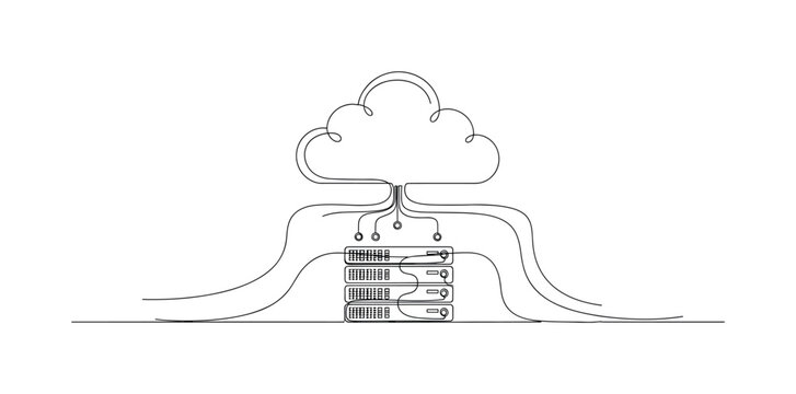 Cloud Computing Network. Minimalistic one-line drawing cloud icon with connected server nodes representing digital storage system, continuous single black line