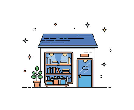 Small bookstore evening glow peaceful little bookstore with soft glowing lights and bookshelves visible through a window suggesting a quiet reading place.