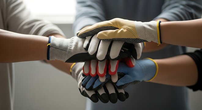 Teamwork hands wearing gloves isolated on transparent background