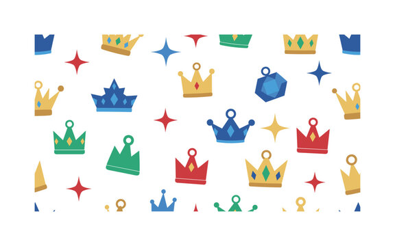 royal crown charms seamless pattern, repeating pattern, surface design, textile print, soft color palette, modern illustration, flat vector crown charms with