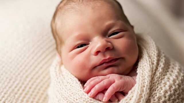 A serene newborn baby wrapped in a soft creamcolored blanket sleeping peacefully with a gentle smile on their face