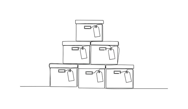 Organized Storage Boxes. Minimalistic one-line drawing several stacked storage boxes with simple label tags attached to each box, continuous single black line