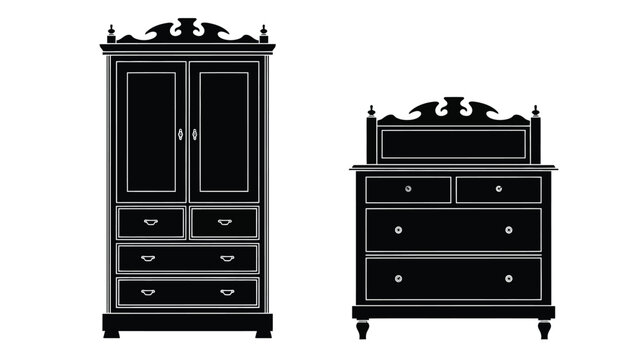 Antique wardrobe and dresser set depicted in black silhouette
