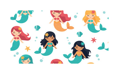 Obraz premium mermaids pattern seamless pattern, repeating pattern, surface design, textile print, soft color palette, modern illustration, flat vector cute mermaids with